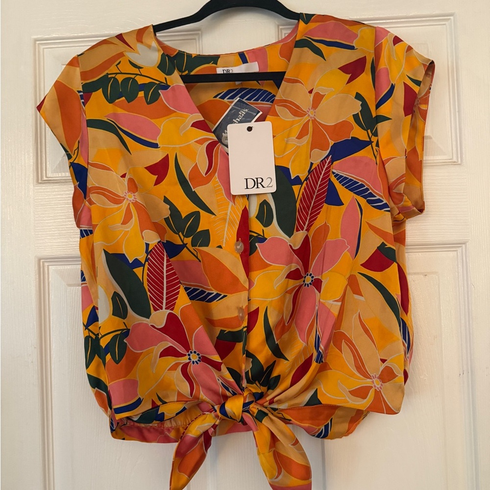 DR2 Women's Vibrant Floral Tie-Front Blouse - Yellow and Pink